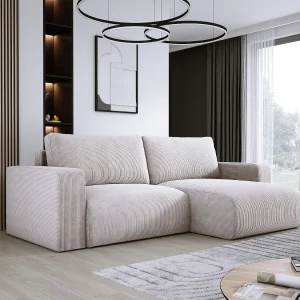 Hoekbank met slaapfunctie en opbergruimte, zachte cordstof, flexibel verstelbaar, rechteropstelling, 247x143x83 cm, vuil beige