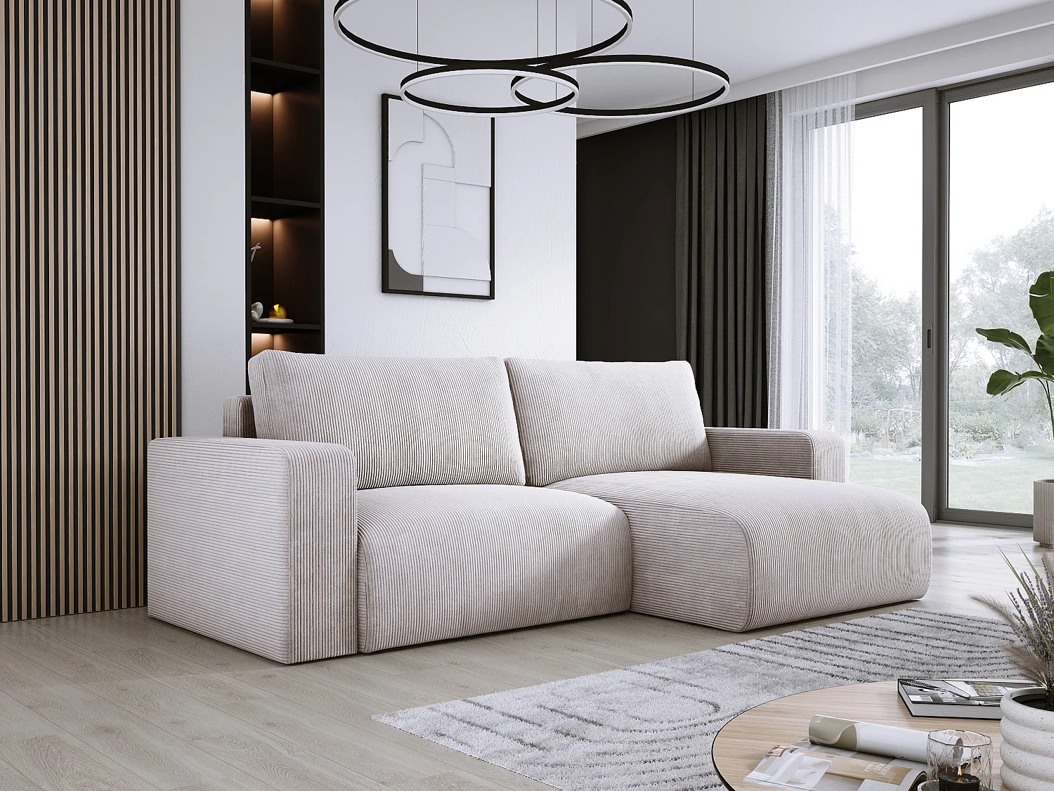 Hoekbank met slaapfunctie en opbergruimte, zachte cordstof, flexibel verstelbaar, rechteropstelling, 247x143x83 cm, vuil beige