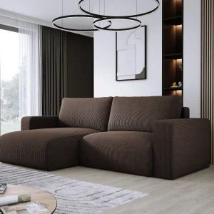 Hoekbank met slaapfunctie en opbergruimte, zachte cordstof, flexibel verstelbaar, linkeropstelling, 247x143x83 cm, donkerbruin