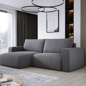 Hoekbank met slaapfunctie en opbergruimte, zachte cordstof, flexibel verstelbaar, linkeropstelling, 247x143x83 cm, grijs
