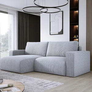 Hoekbank met slaapfunctie en opbergruimte, zachte cordstof, flexibel verstelbaar, linkeropstelling, 247x143x83 cm, licht esdoorn