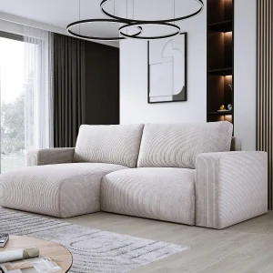 Hoekbank met slaapfunctie en opbergruimte, zachte cordstof, flexibel verstelbaar, linkeropstelling, 247x143x83 cm, vuil beige