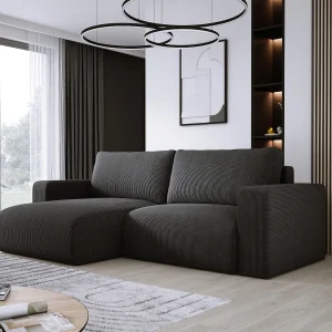 Hoekbank met slaapfunctie en opbergruimte, zachte cordstof, flexibel verstelbaar, linkeropstelling, 247x143x83 cm, zwart
