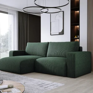 Hoekbank met slaapfunctie en opbergruimte, zachte cordstof, flexibel verstelbaar, linkeropstelling, 247x143x83 cm, zeegroen