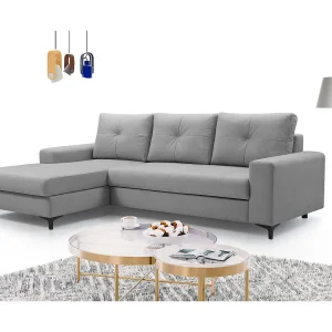Hoekbank AVRA – Slaapfunctie, opbergruimte, linkerzijde, 251x165x85 cm, kleur: DONKERGRIJS