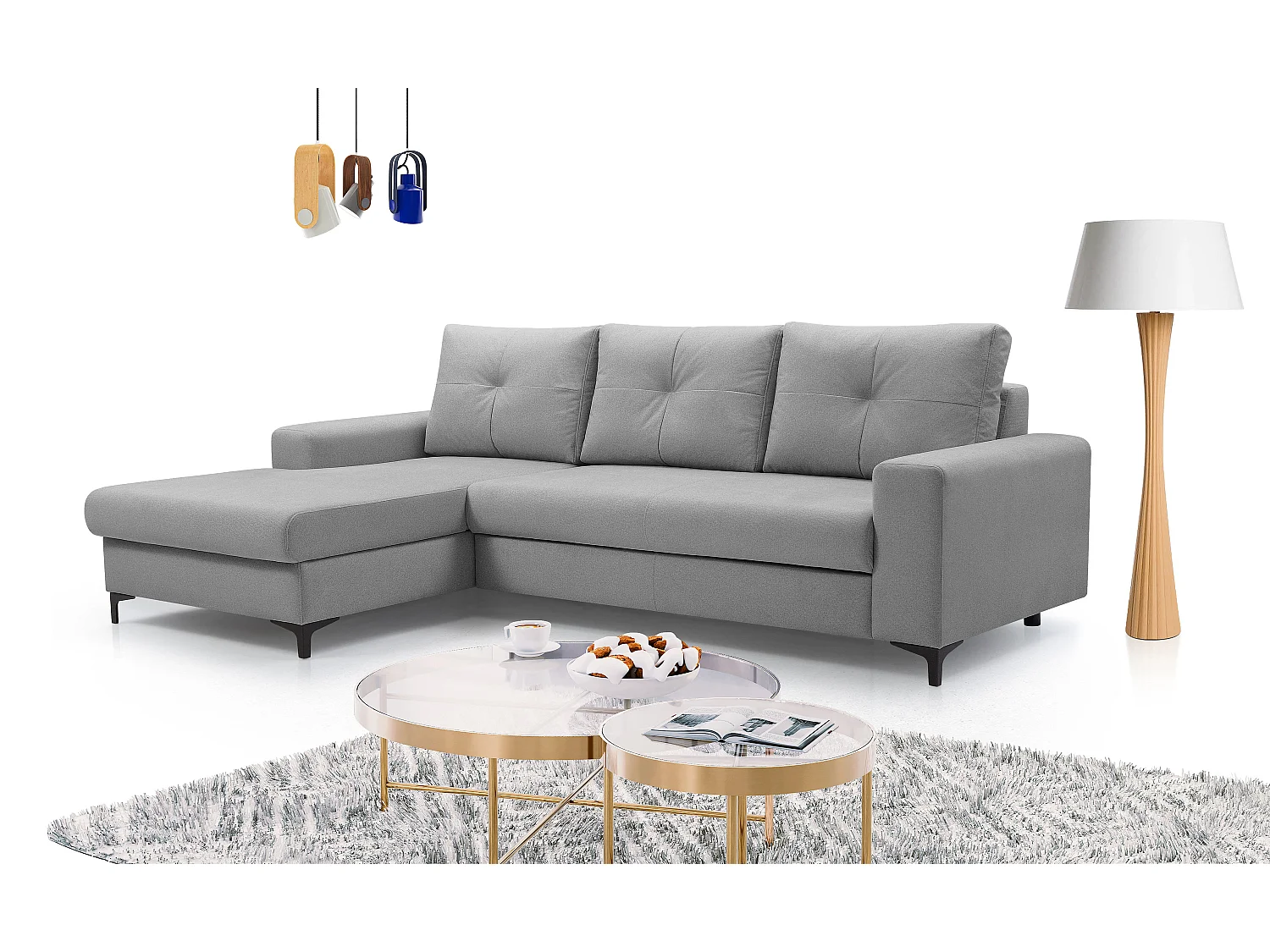 Hoekbank AVRA – Slaapfunctie, opbergruimte, linkerzijde, 251x165x85 cm, kleur: DONKERGRIJS