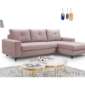 Hoekbank AVRA – Slaapfunctie, opbergruimte, rechterzijde, 251x165x85 cm, kleur: POEDERROZE Hoekbank AVRA – Slaapfunctie, opbergruimte, rechterzijde, 251x165x85 cm, kleur: POEDERROZE