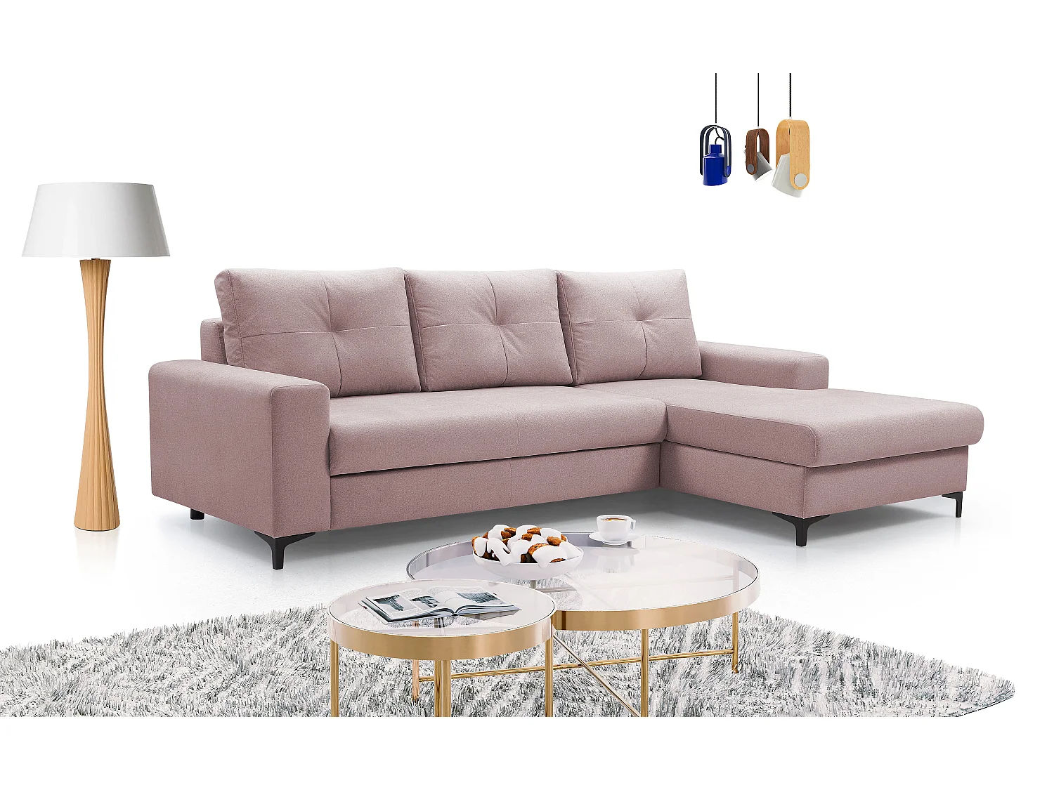 Hoekbank AVRA – Slaapfunctie, opbergruimte, rechterzijde, 251x165x85 cm, kleur: POEDERROZE