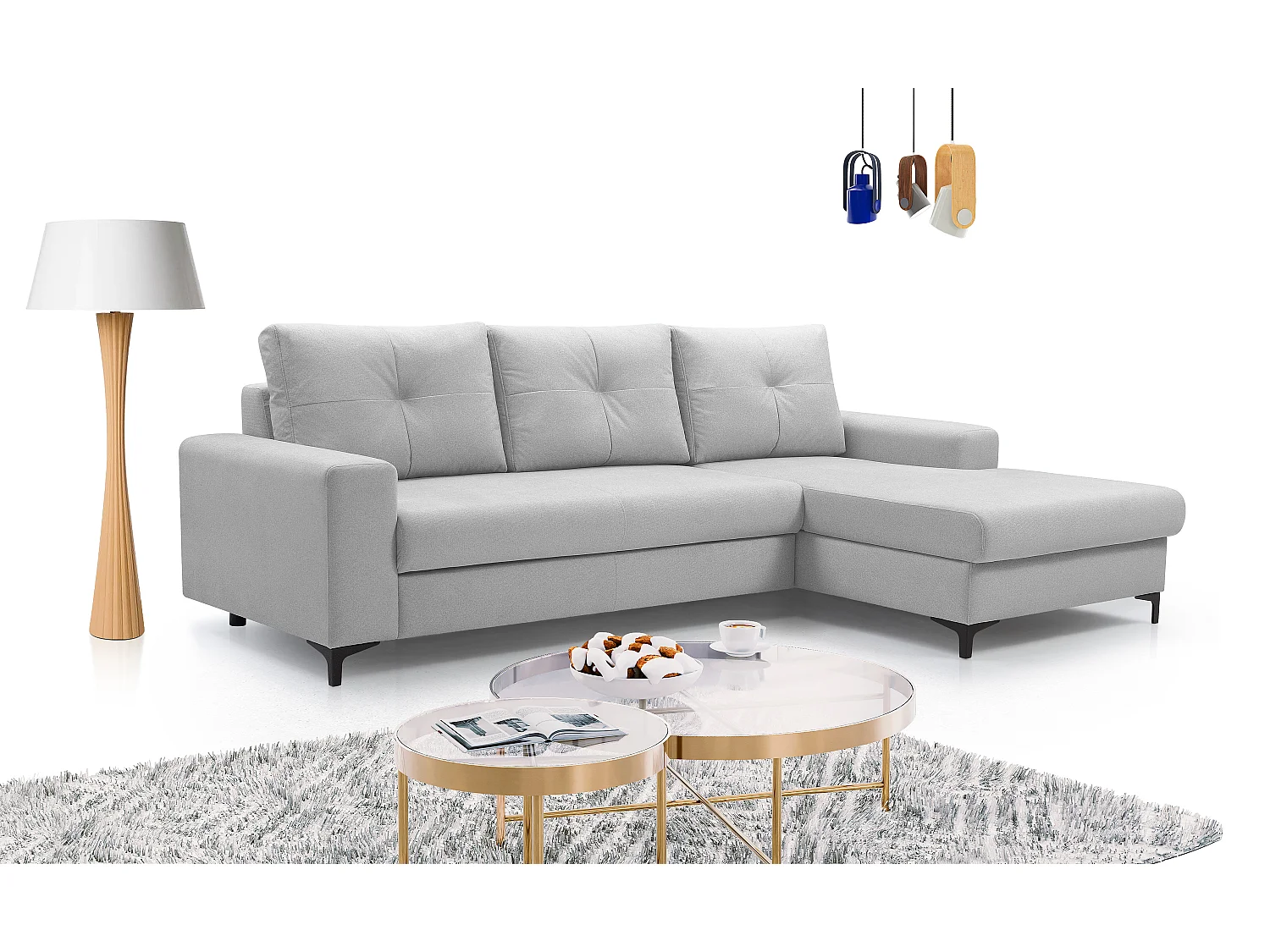 Hoekbank AVRA – Slaapfunctie, opbergruimte, rechterzijde, 251x165x85 cm, kleur: GRIJS