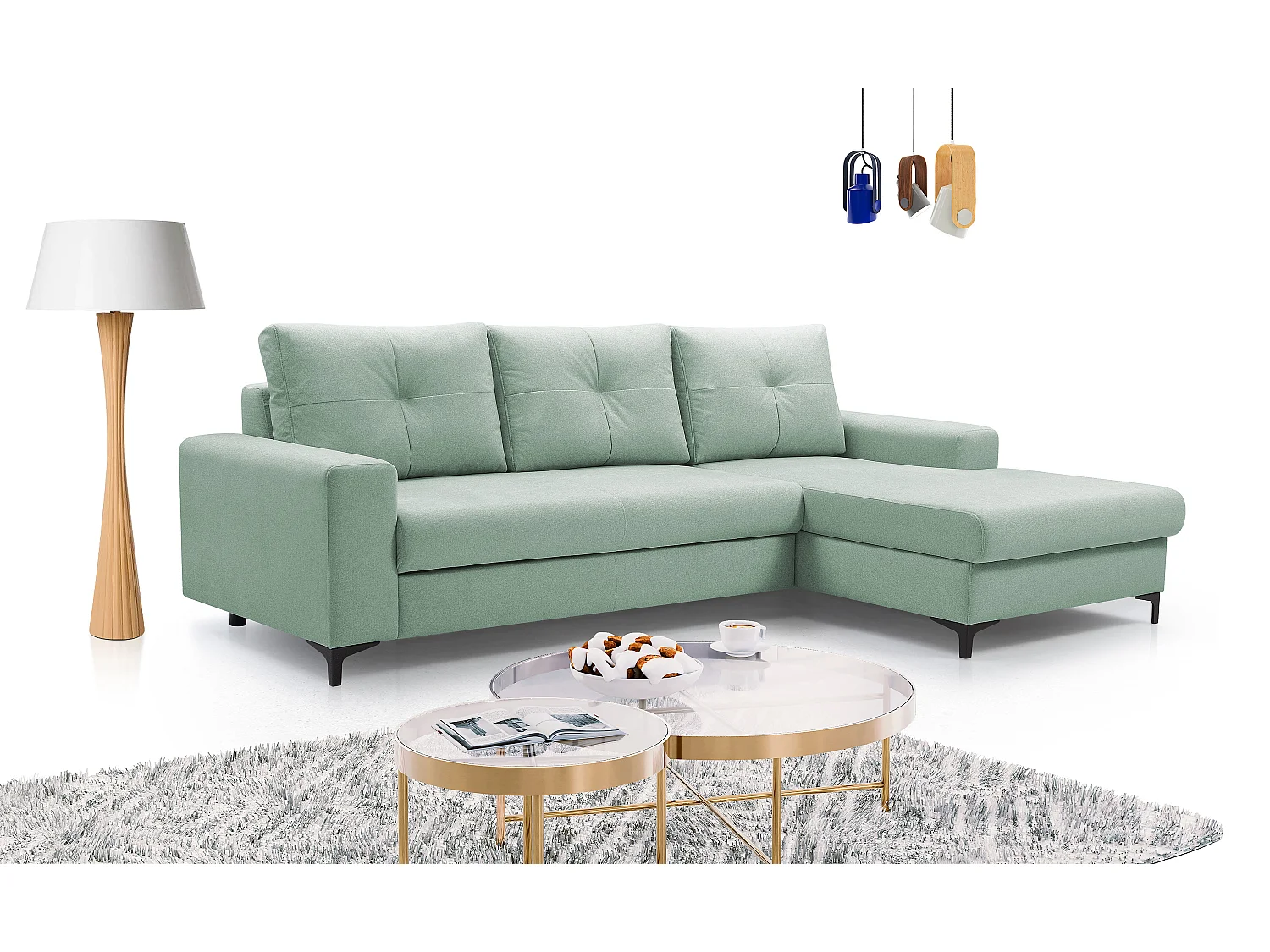 Hoekbank AVRA – Slaapfunctie, opbergruimte, rechterzijde, 251x165x85 cm, kleur: TURQUOISE