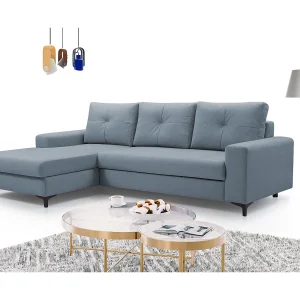 Hoekbank AVRA – Slaapfunctie, opbergruimte, linkerzijde, 251x165x85 cm, kleur: BLAUW