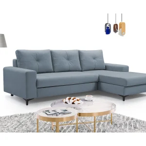 Hoekbank AVRA – Slaapfunctie, opbergruimte, rechterzijde, 251x165x85 cm, kleur: BLAUW Hoekbank AVRA – Slaapfunctie, opbergruimte, rechterzijde, 251x165x85 cm, kleur: BLAUW