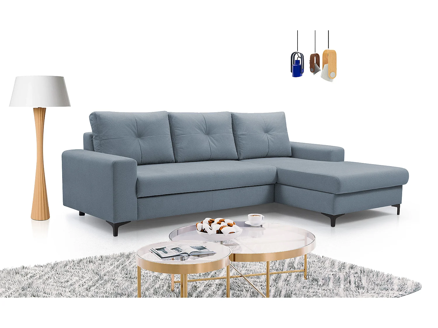 Hoekbank AVRA – Slaapfunctie, opbergruimte, rechterzijde, 251x165x85 cm, kleur: BLAUW