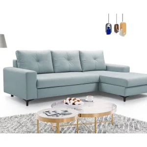 Hoekbank AVRA – Slaapfunctie, opbergruimte, rechterzijde, 251x165x85 cm, kleur: LICHTBLAUW Hoekbank AVRA – Slaapfunctie, opbergruimte, rechterzijde, 251x165x85 cm, kleur: LICHTBLAUW