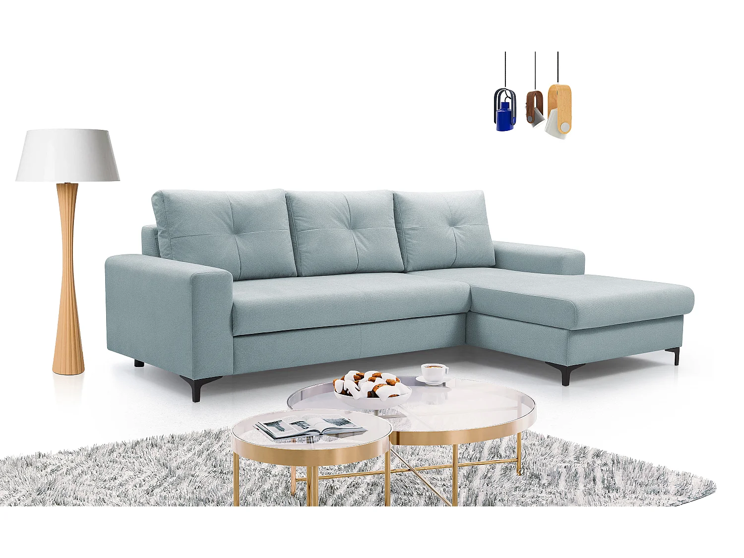 Hoekbank AVRA – Slaapfunctie, opbergruimte, rechterzijde, 251x165x85 cm, kleur: LICHTBLAUW