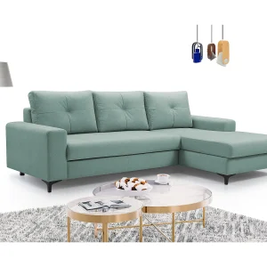 Hoekbank AVRA – Slaapfunctie, opbergruimte, rechterzijde, 251x165x85 cm, kleur: LICHTGROEN Hoekbank AVRA – Slaapfunctie, opbergruimte, rechterzijde, 251x165x85 cm, kleur: LICHTGROEN