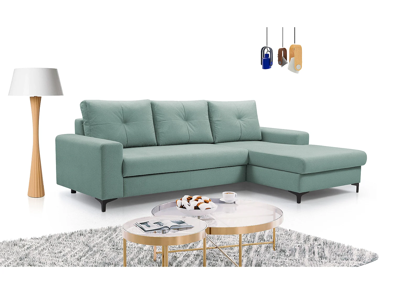 Hoekbank AVRA – Slaapfunctie, opbergruimte, rechterzijde, 251x165x85 cm, kleur: LICHTGROEN