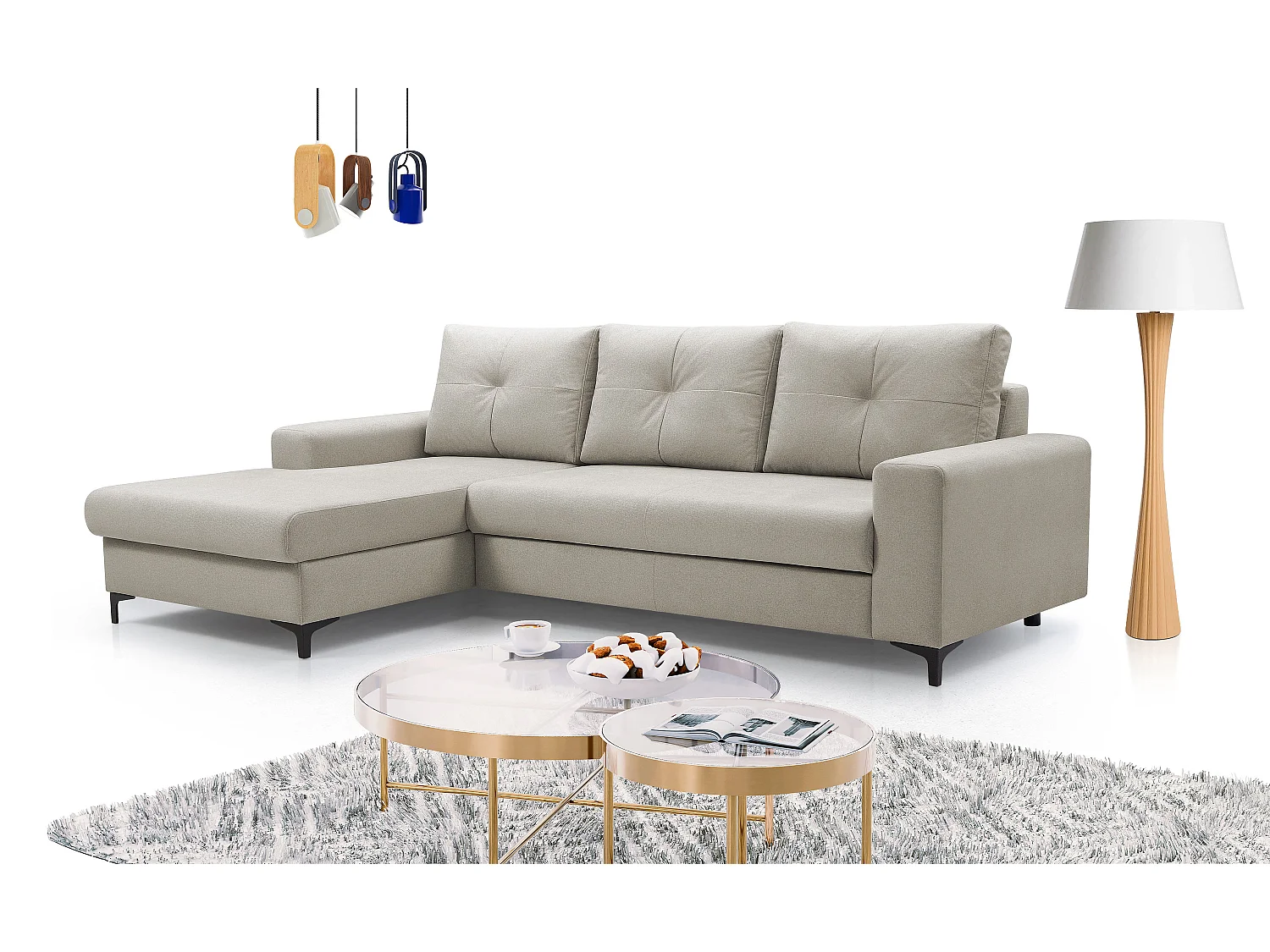 Hoekbank AVRA – Slaapfunctie, opbergruimte, linkerzijde, 251x165x85 cm, kleur: WIT