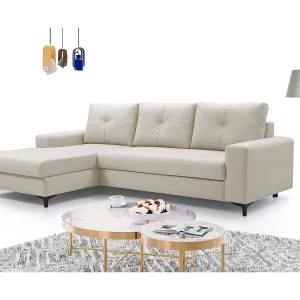 Hoekbank AVRA – Slaapfunctie, opbergruimte, linkerzijde, 251x165x85 cm, kleur: BEIGE