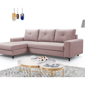 Hoekbank AVRA – Slaapfunctie, opbergruimte, linkerzijde, 251x165x85 cm, kleur: POEDERROZE