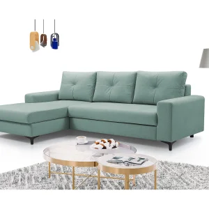 Hoekbank AVRA – Slaapfunctie, opbergruimte, linkerzijde, 251x165x85 cm, kleur: LICHTGROEN