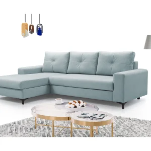 Hoekbank AVRA – Slaapfunctie, opbergruimte, linkerzijde, 251x165x85 cm, kleur: LICHTBLAUW