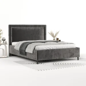 Gestoffeerd bed Baleine – 120 x 200 cm – chenillestof – donkergrijs