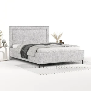 Gestoffeerd bed Baleine – 160 x 200 cm – geweven stof – lichtgrijs