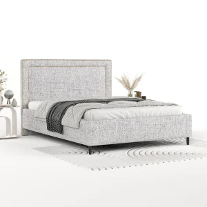 Gestoffeerd bed Baleine – 160 x 200 cm – geweven stof – lichtgrijs