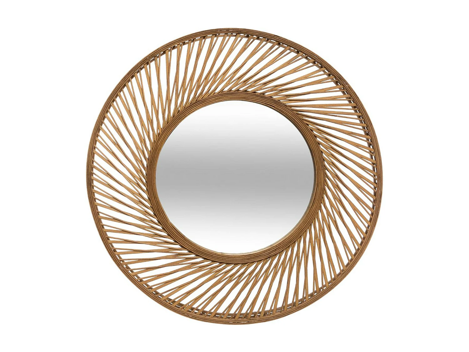 Grote ronde wandspiegel van natuurlijk bamboe Ø 72 cm met beige spiraalframe, kwaliteitsglas, wandmontage