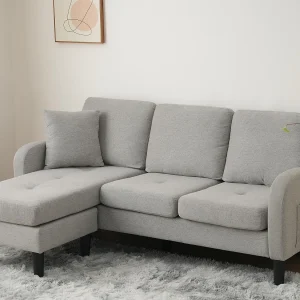 Hoekbank met chaise longue – 3 plaatsen – katoen en linnen stof – Grijs