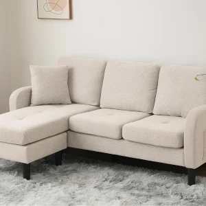Hoekbank met chaise longue – 3 plaatsen – stof katoen en linnen – Beige Hoekbank met chaise longue – 3 plaatsen – stof katoen en linnen – Beige