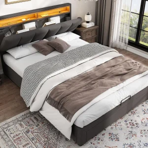 Gestoffeerd opbergbed 140x200cm in linnen met lades – opbergkop met LED – lattenbodem – Grijs Gestoffeerd opbergbed 140x200cm in linnen met lades – opbergkop met LED – lattenbodem – Grijs