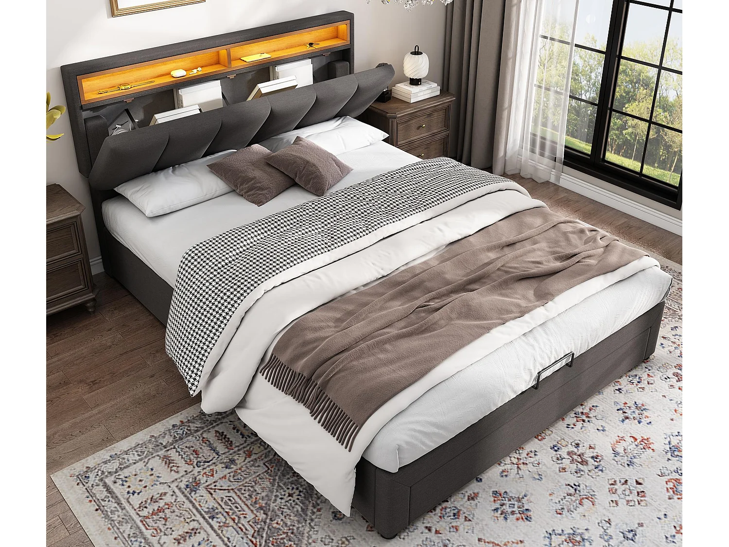 Gestoffeerd opbergbed 140x200cm in linnen met lades - opbergkop met LED - lattenbodem - Grijs