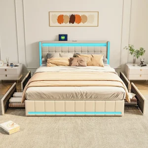 Gestoffeerd bed Tweepersoonsbed 140x200cm Beige met 4 lades met LED en USB