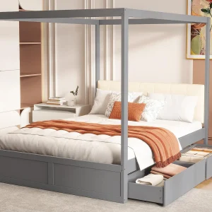 Hemelbed van hout 140x200cm – met gestoffeerd hoofdbord en 2 lades – Grijs
