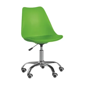 Groene draaibare bureaustoel "Dorian" in polypropyleen met eco-lederen zitting en verchroomde metalen voet cm 49×47 82/96h