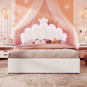 Gestoffeerd bed 140 x 200 cm, zonder matras, sfeerverlichting met afstandsbediening, bed met 2 laden, Kroonprinsessenbed, verstelbaar hoofdeinde, PU, wit Gestoffeerd bed 140 x 200 cm, zonder matras, sfeerverlichting met afstandsbediening, bed met 2 laden, Kroonprinsessenbed, verstelbaar hoofdeinde, PU, wit