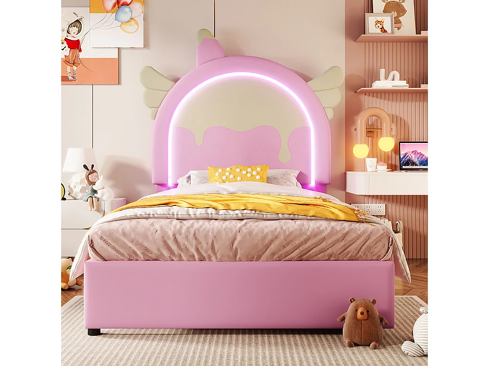 Gestoffeerd bed, 90 x 200 cm, zonder matras, met lichtlijst, met 2 laden, eenhoornvormig, PU, roze