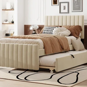 Gestoffeerd bed 90x190cm in fluweel – met uitschuifbed 90x190cm – Beige