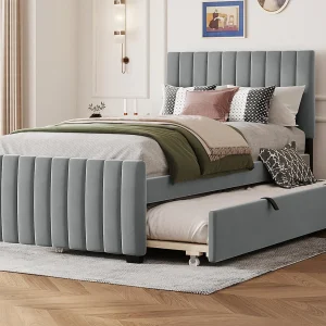 Gestoffeerd bed 90x190cm in fluweel – met uitschuifbed 90x190cm – Grijs