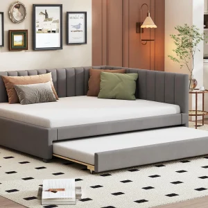 Gestoffeerde slaapbank 140×200 cm – met uitschuifbed 90x190cm – fluwelen stof – Grijs Gestoffeerde slaapbank 140×200 cm – met uitschuifbed 90x190cm – fluwelen stof – Grijs
