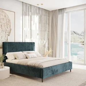 Gestoffeerd bed Etero – 200 x 200 cm – chenillestof – blauwgroen