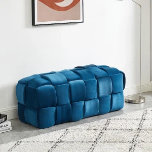 Gevlochten bankje van fluweel FABERO – Eendblauw – Koop nu in je online meubelshop Gevlochten bankje van fluweel FABERO – Eendblauw – Koop nu in je online meubelshop