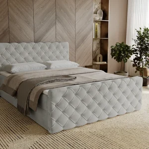 Gestoffeerd bed 160×200 Portofino – bed met opbergruimte, geïntegreerde veringmatras – Tweepersoonsbed lichtgrijs (Elegance 13)