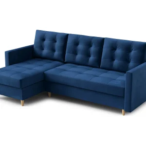 Hoekbank DIVO met slaapfunctie, 224×103 cm, elegant design, hoogwaardige materialen, kleur donkerblauw, links Hoekbank DIVO met slaapfunctie, 224×103 cm, elegant design, hoogwaardige materialen, kleur donkerblauw, links