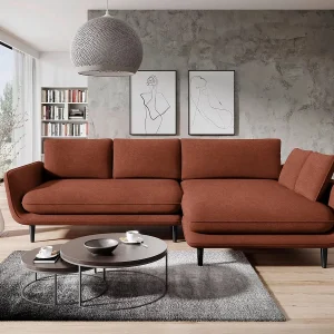 Hoekbank SOLANO met bedfunctie – Elegante Scandinavische bank 260×167 cm, Houten ladekast en poten, Rood, Rechts Hoekbank SOLANO met bedfunctie – Elegante Scandinavische bank 260×167 cm, Houten ladekast en poten, Rood, Rechts