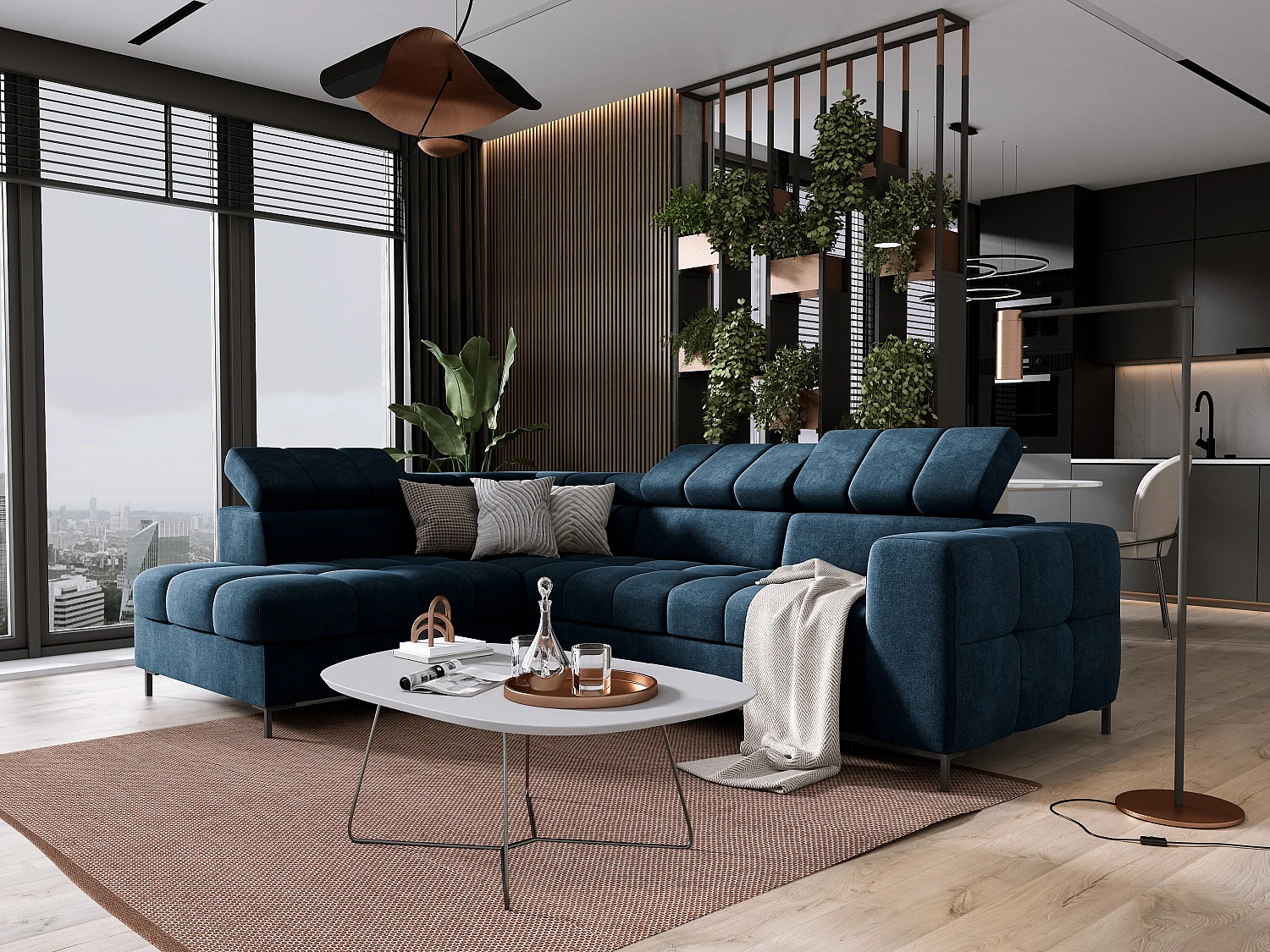 Hoekbank PABLOS met verstelbare hoofdsteun 279x201cm | Slapen & Opbergen, Donkerblauw Vogue, Links