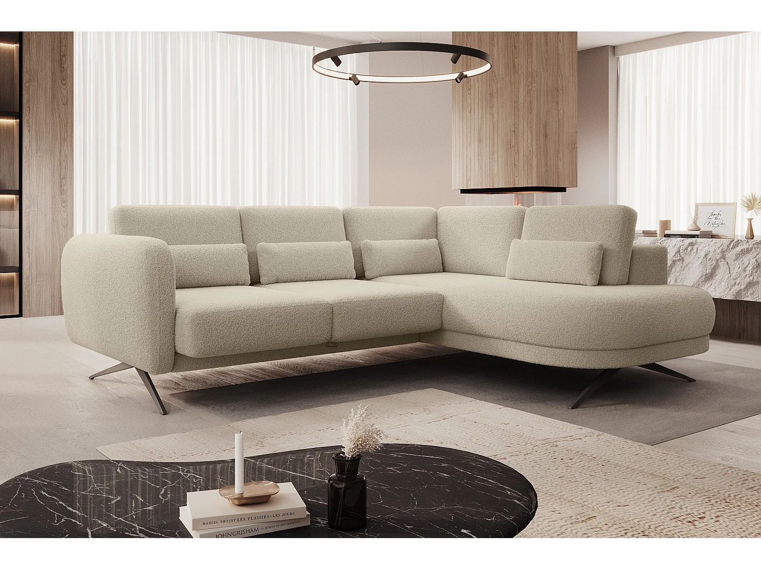 Hoekbank ILUSIO L met slaapfunctie, 250x205cm, verstelbare rugleuning, hoogwaardige materialen, kleur crème, rechts