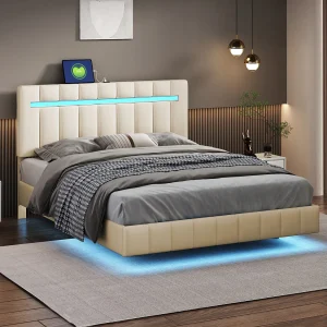 Gestoffeerd bed 140 x 200 cm, gestoffeerd zwevend bedframe met LED-verlichting en designhoofdbord, vlak logeerbed in huidvriendelijk linnenbeige Gestoffeerd bed 140 x 200 cm, gestoffeerd zwevend bedframe met LED-verlichting en designhoofdbord, vlak logeerbed in huidvriendelijk linnenbeige